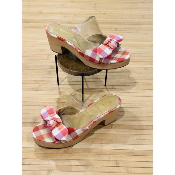 J. CREW MADRAS PLAID HEELED MULES WITH BOW WOOD PLATFORM SANDALS Women’s SIZE 9 - Picture 1 of 11